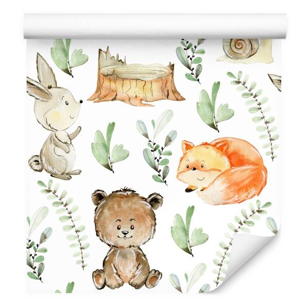 Tapete Waldtiere Pflanzen Natur Beige - Schwarz - Braun - Grau - Grün - Orange - Weiß - Papier - 53 x 1000 x 1000 cm