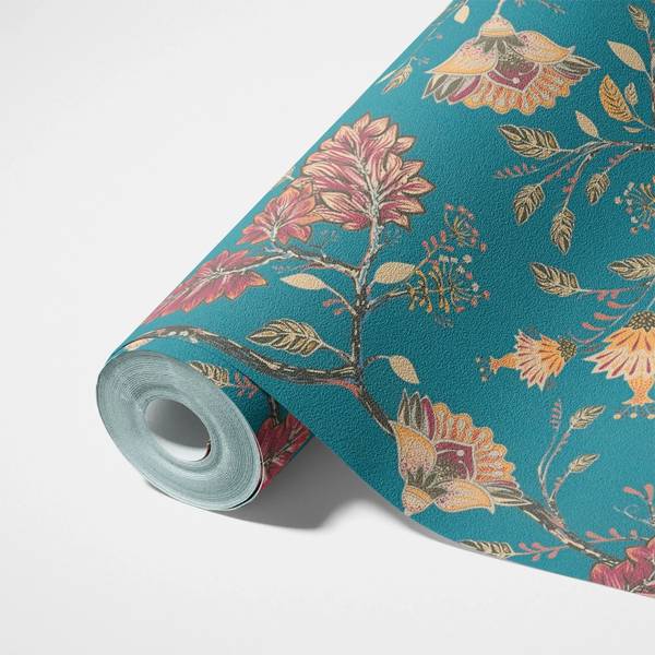 Vliestapete Folk Garden Blau - Multicolor - Rot