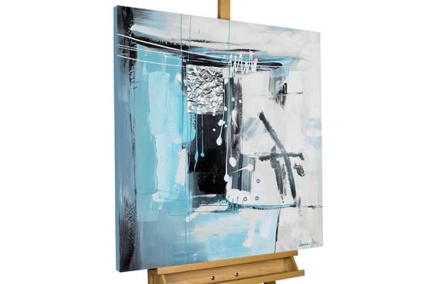 Tableau peint à la main Abstrait Vero Gris - Turquoise - Coton - 80 x 80 x 4 cm