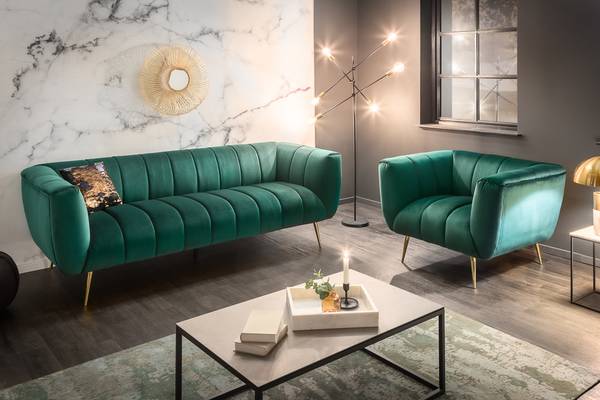 3er Sofa NOBLESSE Gold - Grün - Polyester - Samt - 225 x 80 x 90 cm
