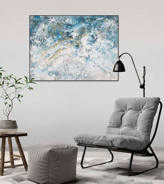 Acrylbild Handgemalt Fluid Painting Sin Blau - Weiß - Baumwollstoff - 100 x 75 x 4 cm