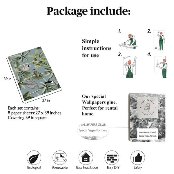 Papier Peint Jungle Tropicale Gris Gris - Papier - 1 x 200 x 200 cm