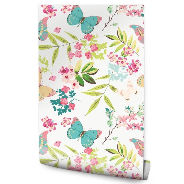 Tapete SCHMETTERLINGE Blätter Blumen Beige - Blau - Grün - Weiß - Fleece - 53 x 1000 x 1000 cm