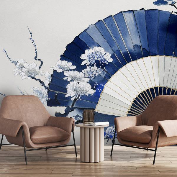 Papier peint, Éventail japonais bleu 350 x 245 cm