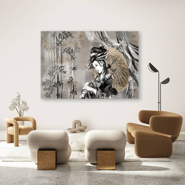 Wandbild geisha und bambus 120 x 80 cm