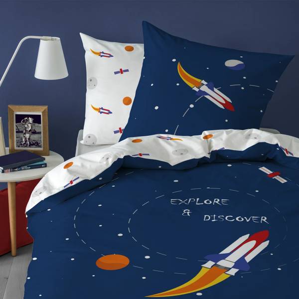 Kinderbettwäsche Rakete Weltall 2-tlg. Blau - Weiß - Textil - 135 x 200 x 1 cm
