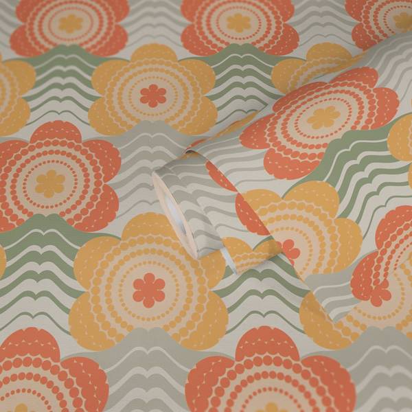 Retrotapete mit Blumen Creme - Grün - Orange - Gelb