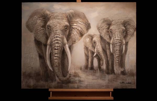 Acrylbild Handgemalt Elefant Zam Grau - Baumwollstoff - 100 x 75 x 4 cm