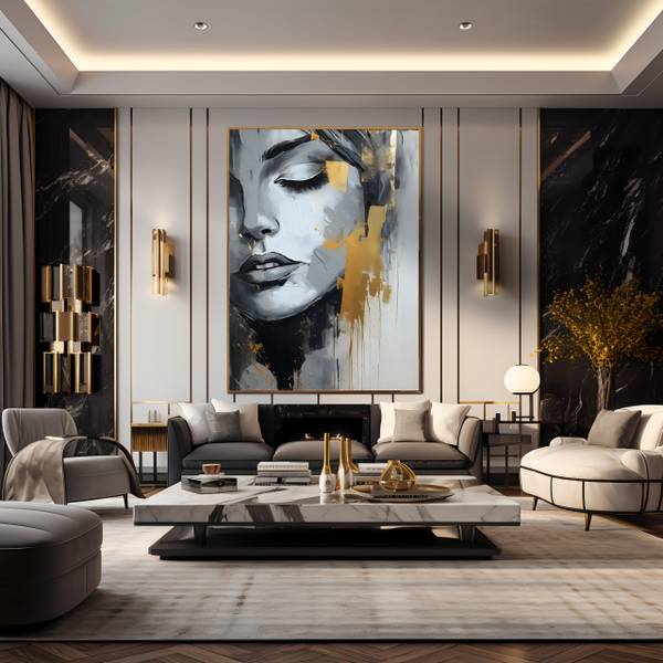 Afbeelding Het gezicht VROUW beige - zwart - bruin - grijs - linnen - 40 x 60 x 60 cm