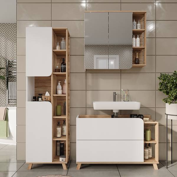 Badmöbel-Set Karen 55429 3er Set Reinweiß - Eiche Sonoma Dekor