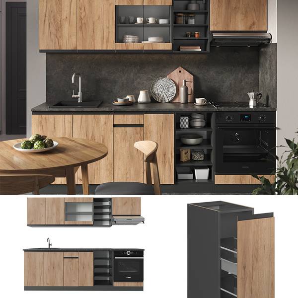 Küchenzeile R-Line 43221 Braun - Grau - Holzwerkstoff - 240 x 207 x 60 cm