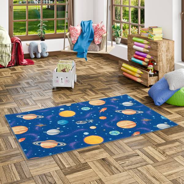 Kinder Spiel Teppich Weltall Blau 100 x 100 cm