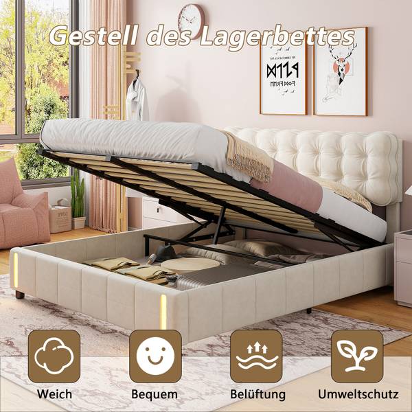 Polsterbett Hydraulischbett CC04 Beige - Metall - Massivholz - 141 x 103 x 205 cm