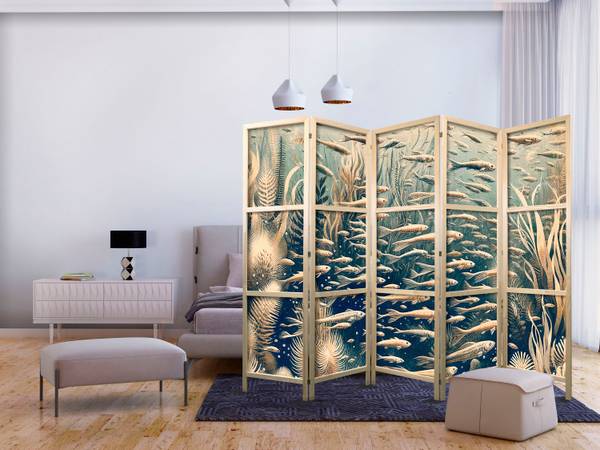 Paravent Pflanzen Fisch 5-tlg Beige - Blau - Grau - Weiß - Holzwerkstoff - Textil - 225 x 172 x 3 cm