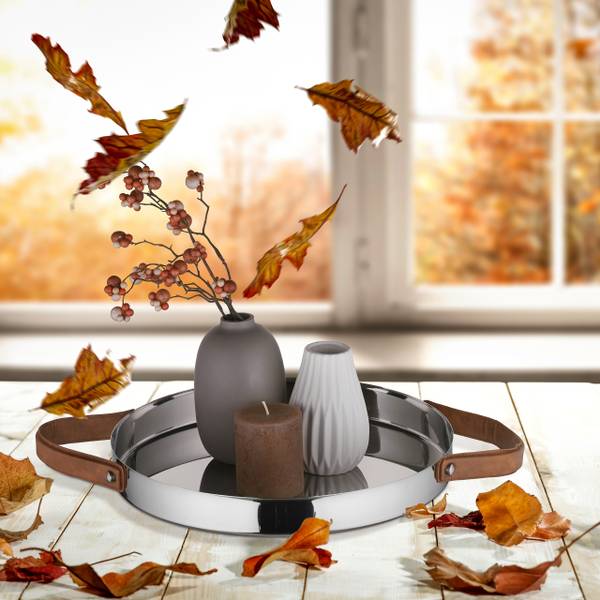 Rundes Serviertablett Braun - Silber - Metall - Kunststoff - 50 x 4 x 35 cm