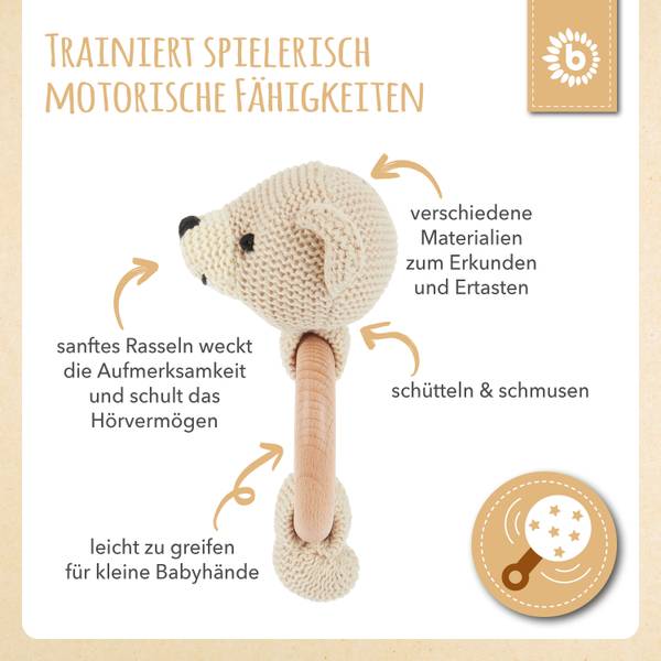 Greifling Holz Natur Gehäkelt Rassel Bär Beige - Textil - 8 x 4 x 14 cm