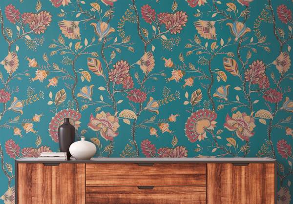 Vliestapete Folk Garden Blau - Multicolor - Rot