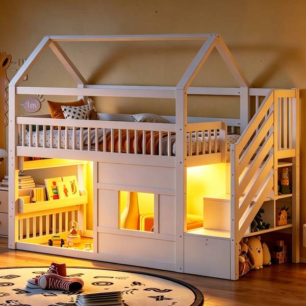 Holzhausbett Oneiros Ⅰ Weiß - Holzwerkstoff - Massivholz - 95 x 189 x 254 cm