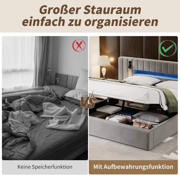 Bett Anzaks Super king Grau - Samt - 200 x 105 x 180 cm