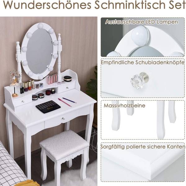 Schminktisch mit Hocker Frisiertisch Weiß - Holzwerkstoff - 40 x 144 x 75 cm