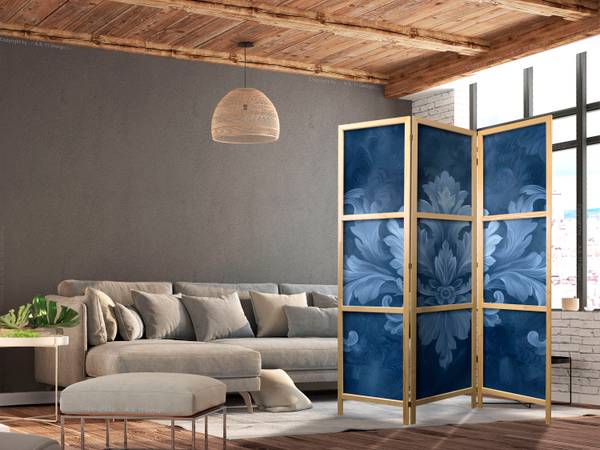 Paravent Ornament Blätter 3-tlg Blau - Weiß - Holzwerkstoff - Textil - 135 x 172 x 172 cm