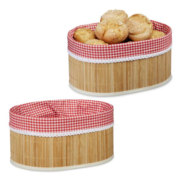 2 x Brotkörbchen Bambus Braun - Rot - Weiß - Polyester - 34 x 17 x 24 cm