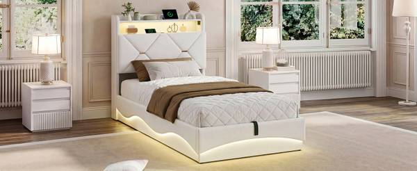 Polsterbett HUR01 Beige - Metall - Massivholz - 91 x 108 x 214 cm