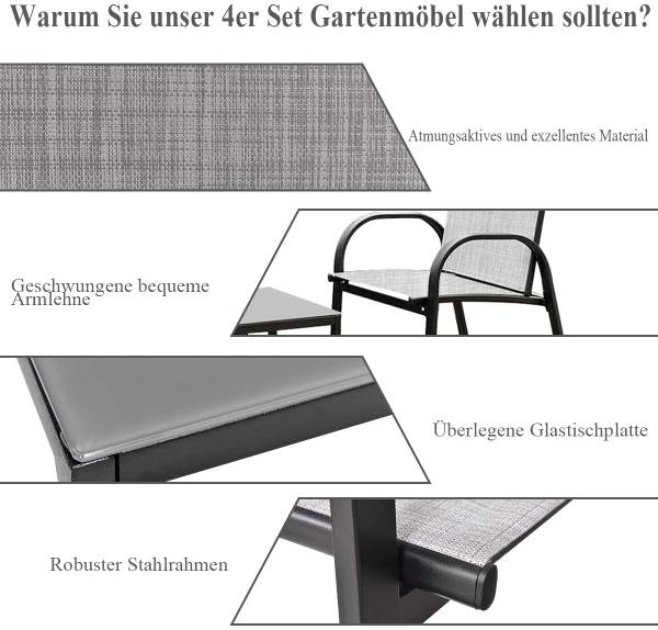 4 TLG. Terrassenmöbel Grau - Metall - 45 x 37 x 80 cm