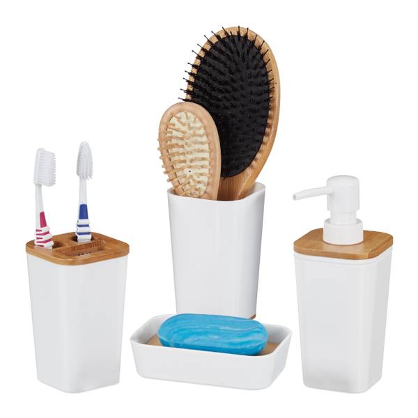 4-teiliges Badaccessoires Set Braun - Weiß - PVC - 7 x 18 x 7 cm