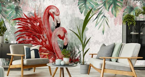 Vlies-Fotobehang FLAMINGO'S Blad Beton 300 x 210 x 210 cm