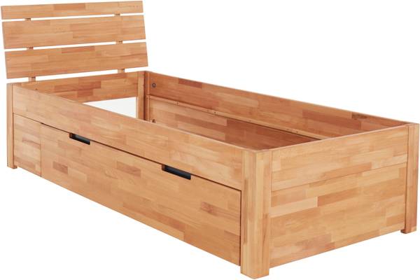 Massivholzbett Ema mit Bettkasten Braun - Wildeiche - 90 x 48 x 200 cm