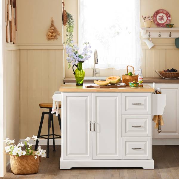 îlot de cuisine FKW41-WN Blanc - Bois manufacturé - 130 x 91 x 46 cm
