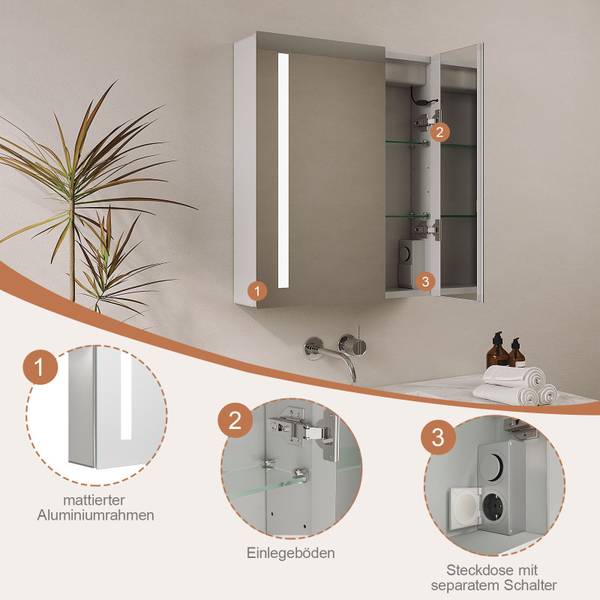 Bad Spiegelschrank mit LED Beleuchtung Silber - Glas - 60 x 70 x 13 cm
