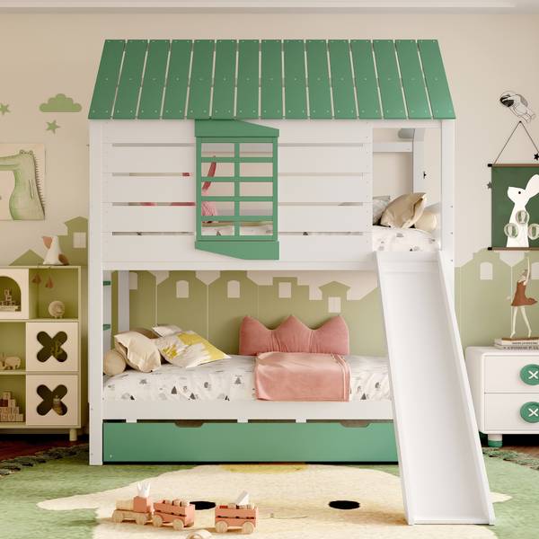 Lit superposé maison Uranus Ⅱ Vert - Blanc - Pin - 237 x 229 x 206 cm