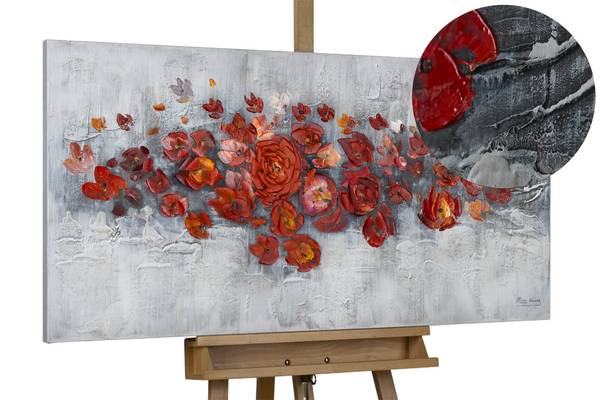 Acrylbild Handgemalt Rosen Sin Grau - Rot - Baumwollstoff - 120 x 60 x 4 cm
