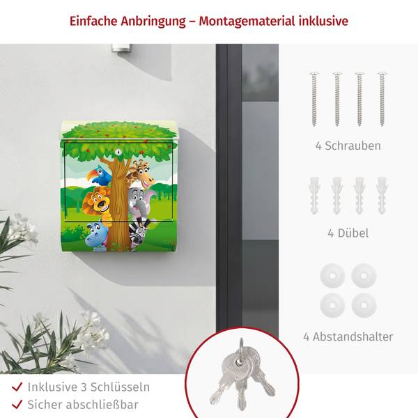 Briefkasten Dschungeltiere Stahl - 39 x 46 x 13 cm