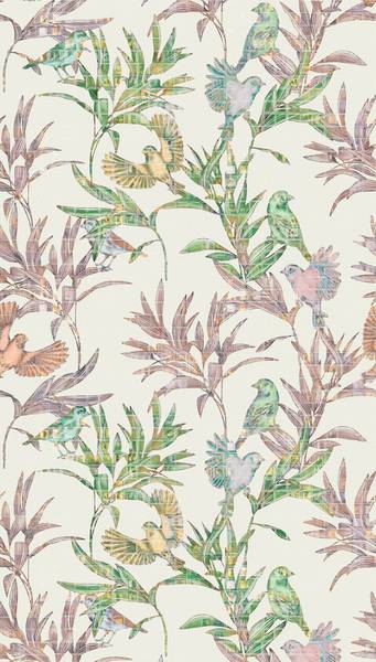 Fototapete mit Vögeln Floral Grün - Violett - Weiß - Fleece - 159 x 280 x 1 cm