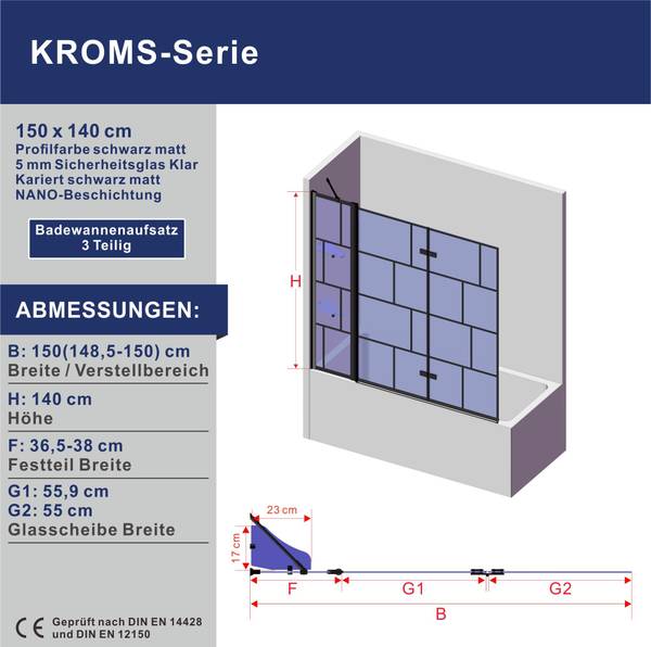 Duschabtrennung Badewannenaufsatz Schwarz - Glas - 150 x 140 x 0 cm