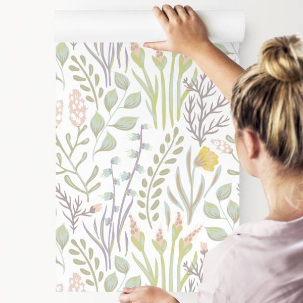 Tapete FELDBLUMEN Blätter Natur Pflanzen Beige - Blau - Braun - Grün - Fleece - 53 x 1000 x 1000 cm