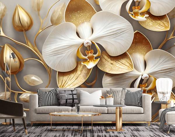 Papier peint, Orchidée glamour or 200 x 140 cm