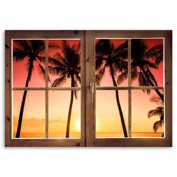 Wandbild fenster – palmen und sonne 60 x 40 cm