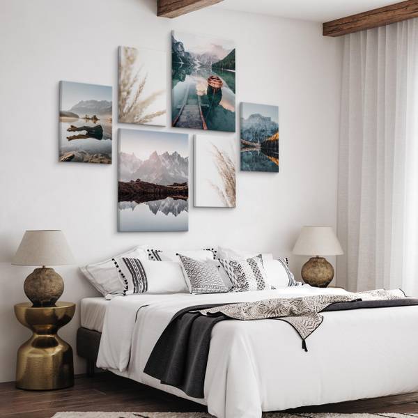 Leinwandbilder Set Berge See Wald Natur Grau - Grün - Weiß - Leinen - 90 x 80 x 80 cm