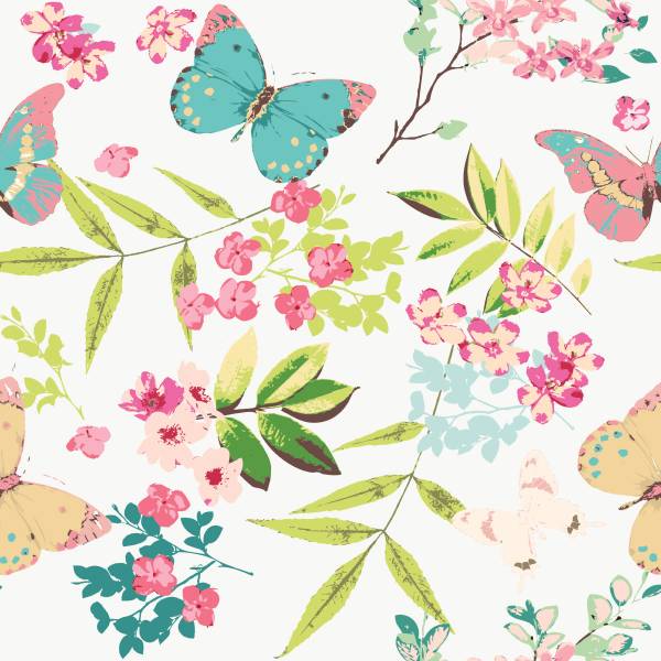 Tapete SCHMETTERLINGE Blätter Blumen Beige - Blau - Grün - Weiß - Fleece - 53 x 1000 x 1000 cm
