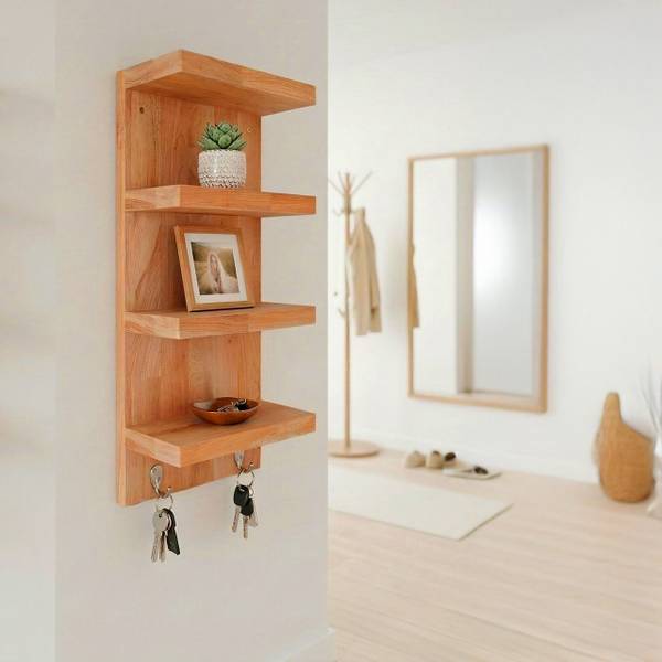 Wandregal Bad mit 4 Ablagen & 2 Haken Braun - Stahl - 28 x 60 x 16 cm