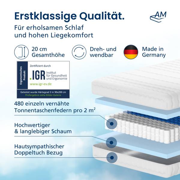 Ergonomische Taschenfederkernmatratze 150 x 20 x 220 cm - H3