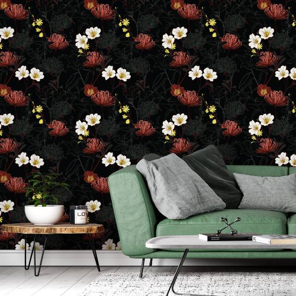 Papier Peint FLEURS Plantes Nature Noir - Gris - Rouge - Blanc - Polaire - 53 x 1000 x 1000 cm