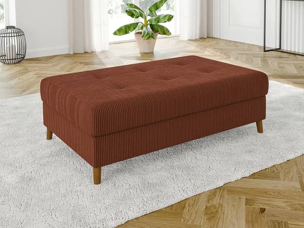 Ecksofa und Hocker Neo, Cord-Stoff Rubinrot - Ecke davorstehend rechts