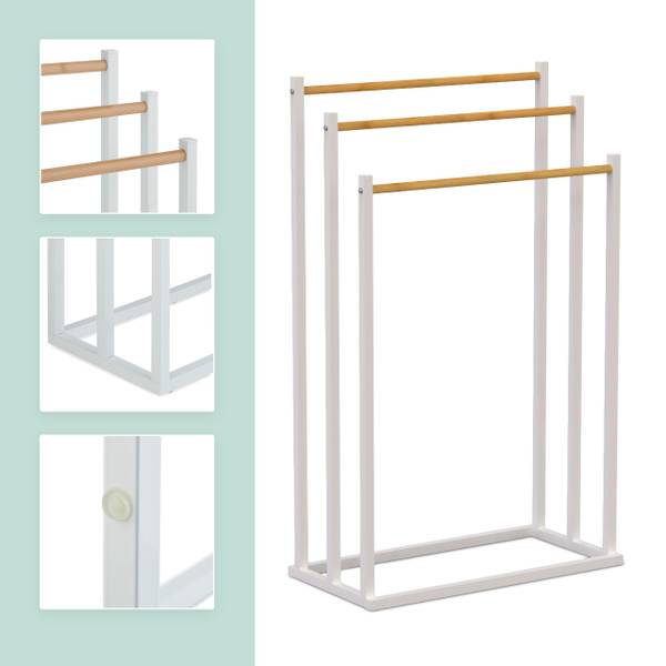 Handdoekrek met 3 bamboe stangen bruin - wit - ijzer - 45 x 76 x 22 cm