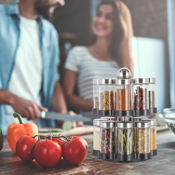 Gewürzkarussell mit 16 Gläsern Schwarz - Silber - Kunststoff - 18 x 25 x 18 cm