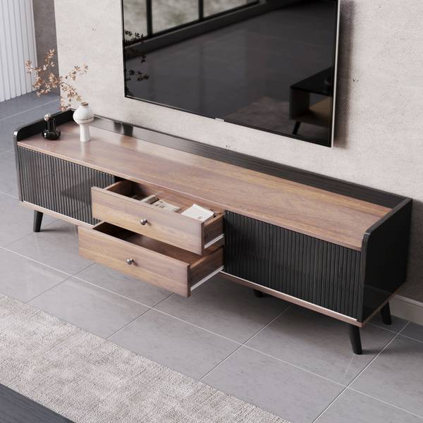 TV-lowboard met Schuifdeuren Eos I zwart - bruin - staal - 40 x 58 x 160 cm